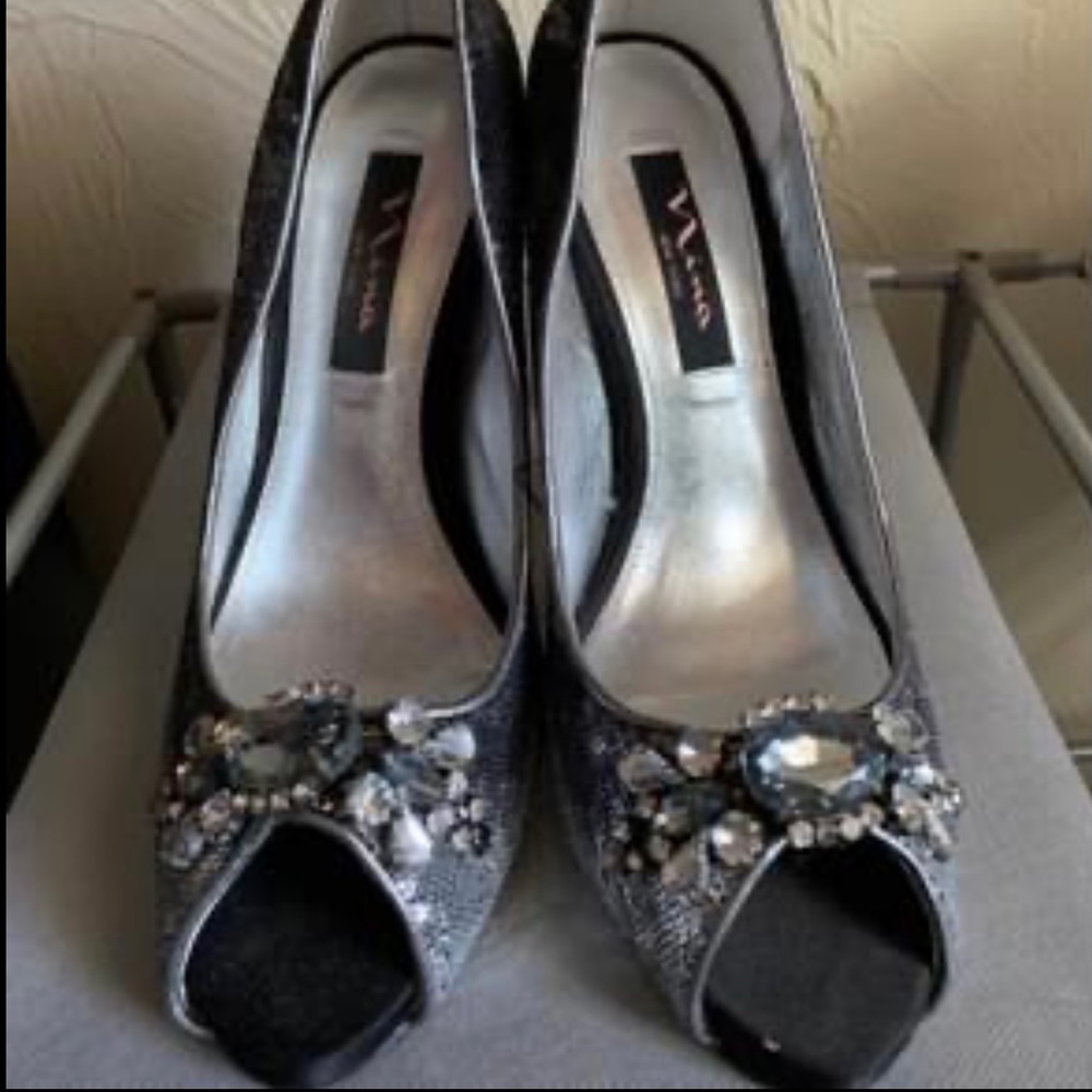 NINA brand silver sequins and jewel heels